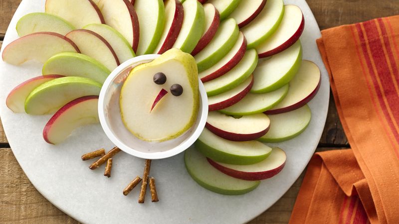 Pears and apples arranged to look like a turkey